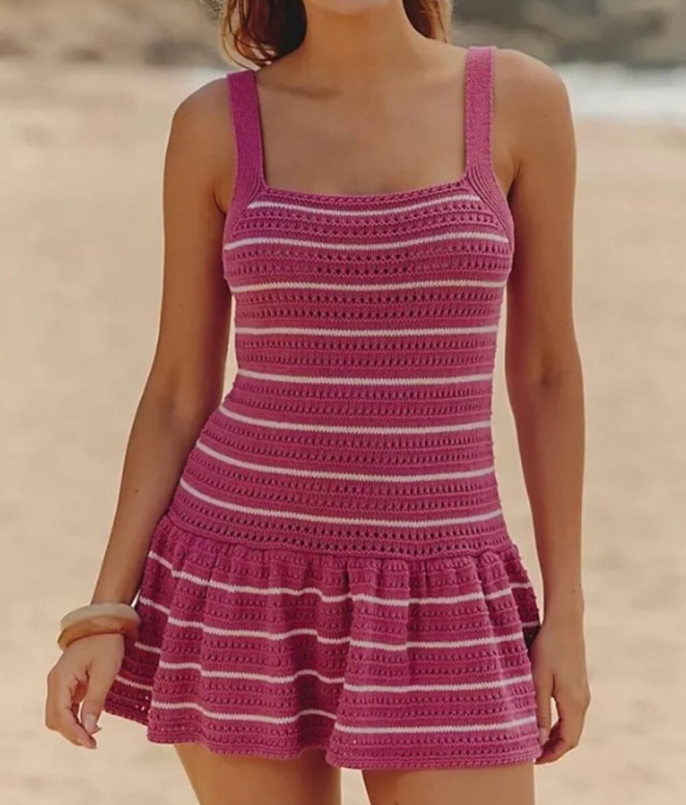 Celandine by Anthropologie Striped Sleeveless Crochet Minidress Pink White Large - Picture 1 of 6
